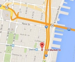 snapshot of a map showing 123 market street in Philadelphia