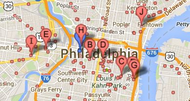 View of pizza listings for Philadelphia in local search results. Shows the degree of competition.
