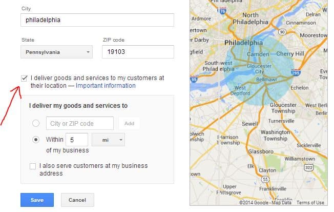 snapshot of google local listing showing the box checked off that hides your address
