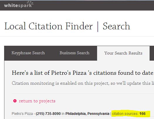 Snapshot of the whitespark citation tool showing Pietro's Pizza has 166 local citations.