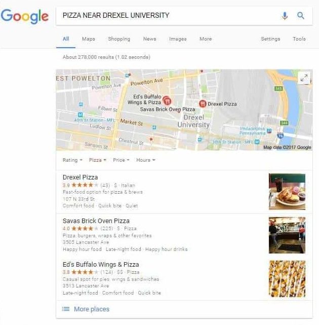 Example Google local 3-pack showing pizza shops near Drexel University 