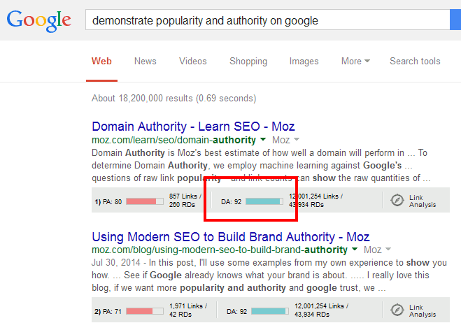 snapshot showing the domain authority of a search result 