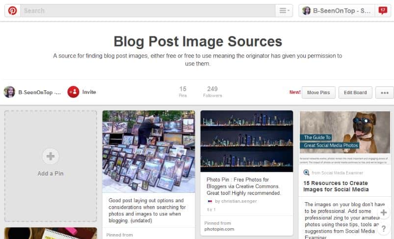 snap of the Pinterest board containing source of free and permission to use photos and images 