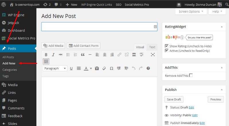snapshot showing where to find "create new post" in WordPress