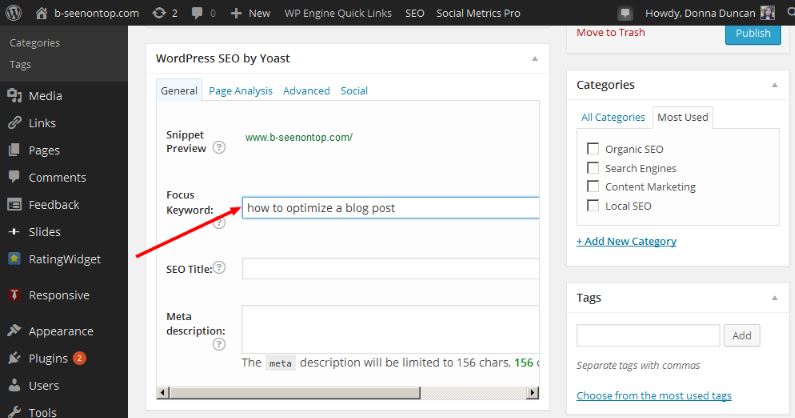 snapshot of yoast plugin showing where you enter your focus keyword phrase 