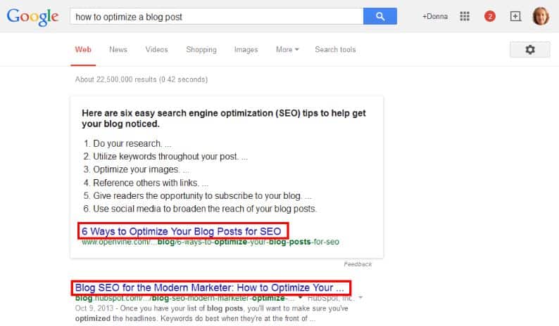 snapshot of the how-to-optimize search results on Google