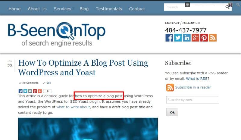 example of where the focus keyword phrase has been used in the first sentence of a post 