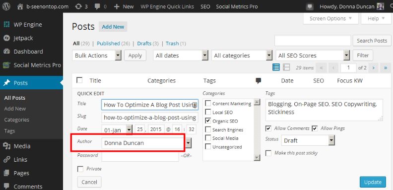 snap of the place in WordPress where you specify a page or post author 