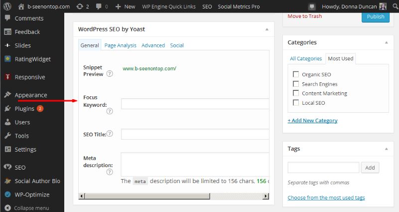 Wordpress For SEO Yoast Plugin - what the page or post meta data screen looks like.