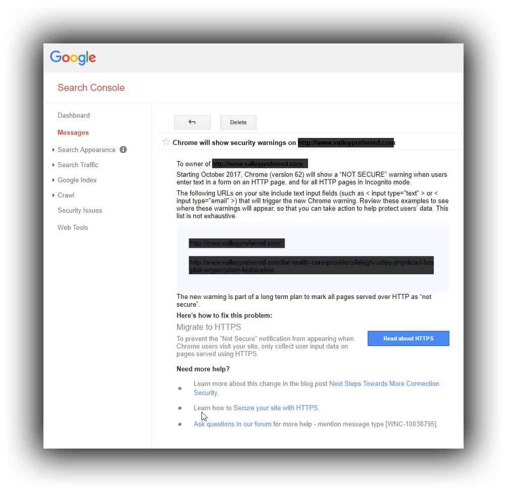 sample google search console warning