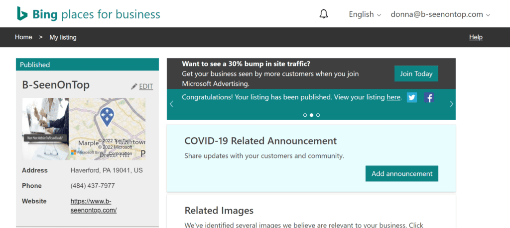 Example Bing Places Business Listing | b-seenontop.com 