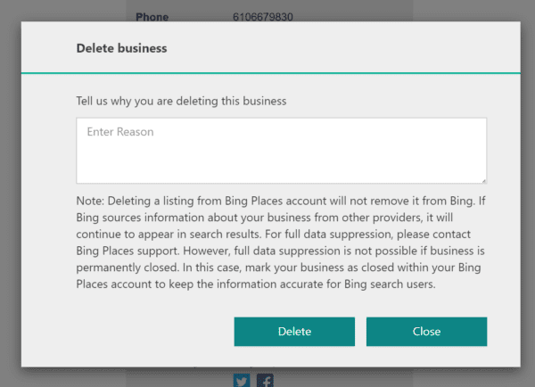 Bing Places Prompt Asking Why You Want to Delete Business | www.b-seenontop.com 