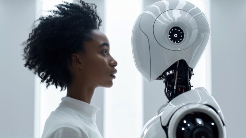 Human and Faceless Robot standing facing one another | B-SeenOnTop